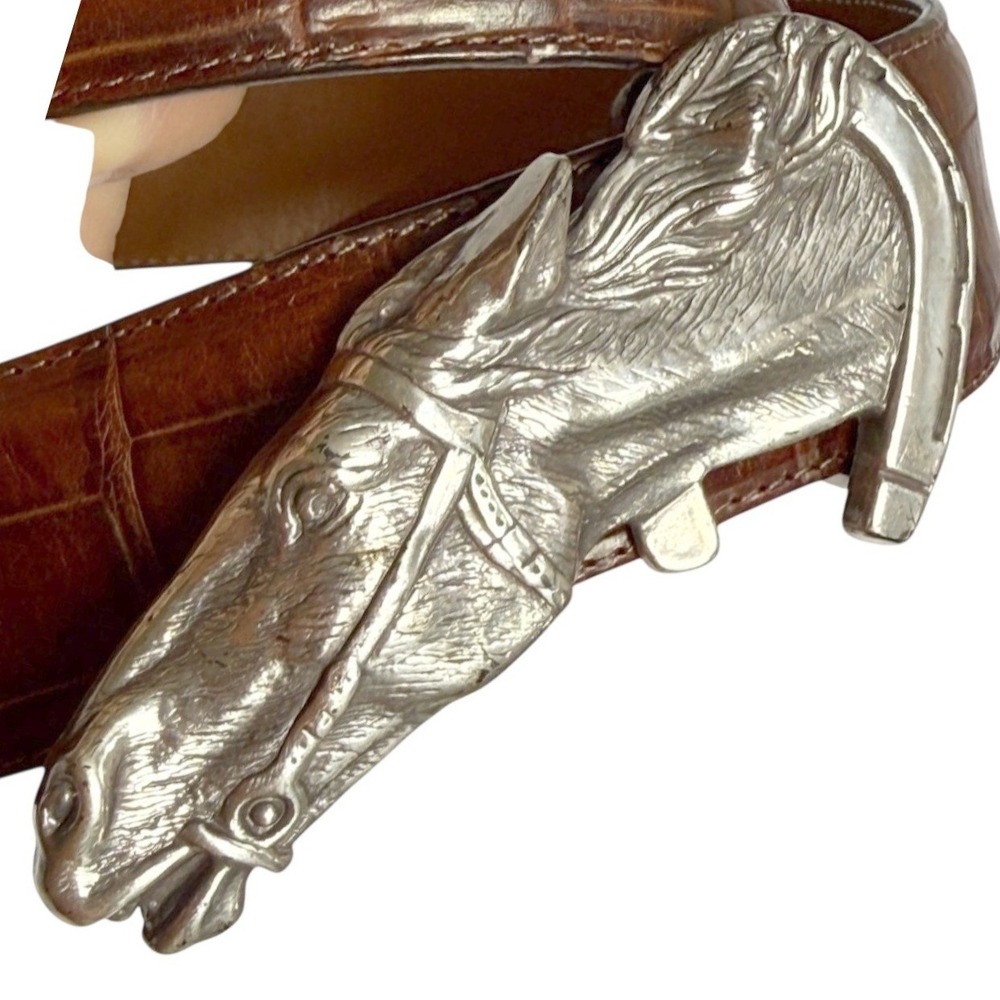VTG 1993 Brighton Belt Silver Horse Head Buckle Womens L Brown Embossed Leather - Picture 6 of 11